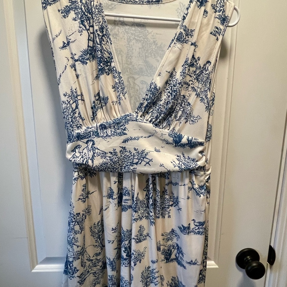 Blue and White Toile V-Neck Womens Romper